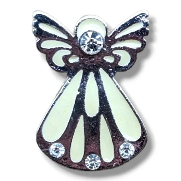 Silver Tone White Enamel Angel Silhouette Clear Rhinestones Signed Hat Lapel Pin - Picture 4 of 4